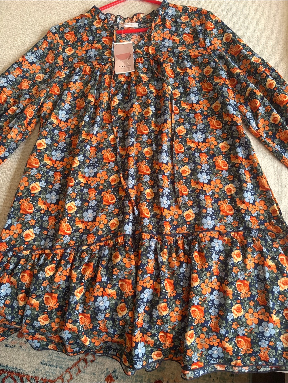 Kids Floral Long-Sleeve Dress - Navy with Orange & Blue Flowers